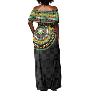 Ivory Coast African Tribal Pattern Off Shoulder Maxi Dress Chest Arm Tattoo