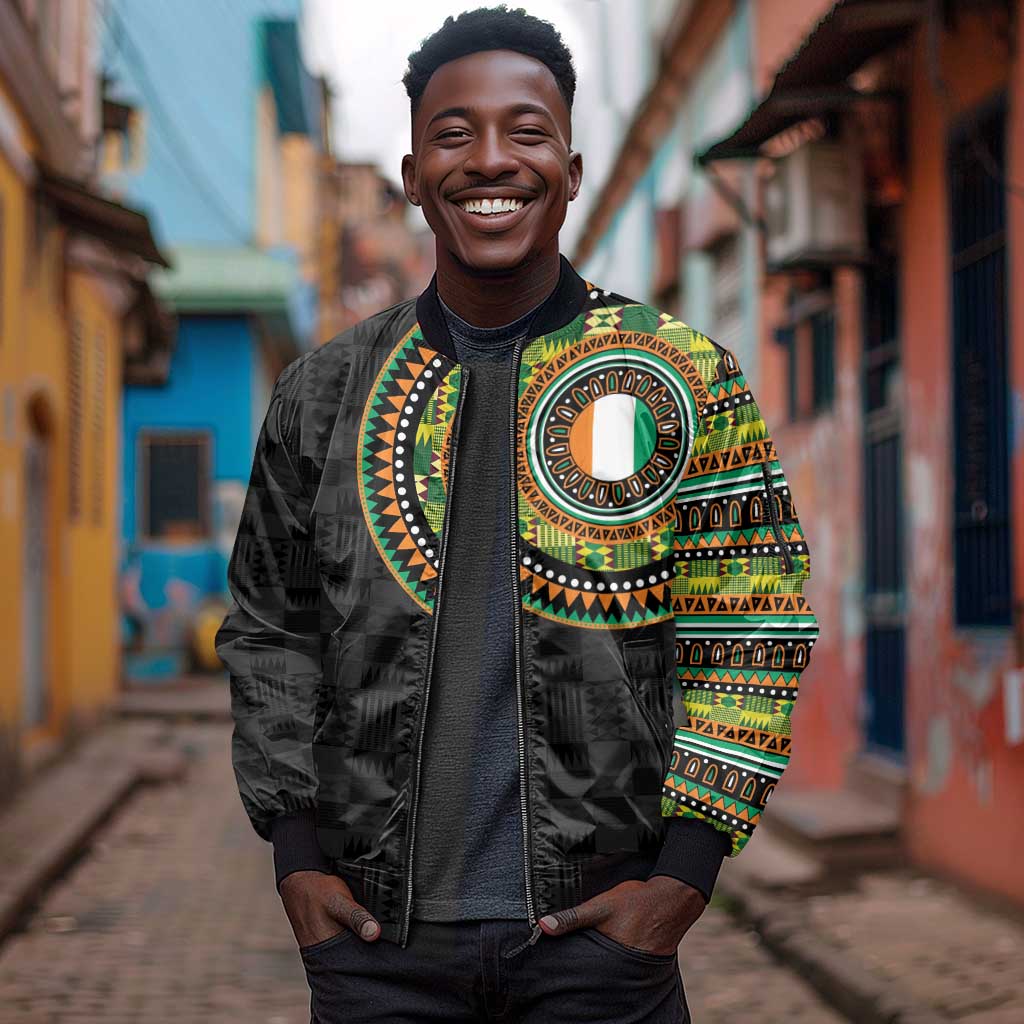 Ivory Coast African Tribal Pattern Sleeve Zip Bomber Jacket Chest Arm Tattoo