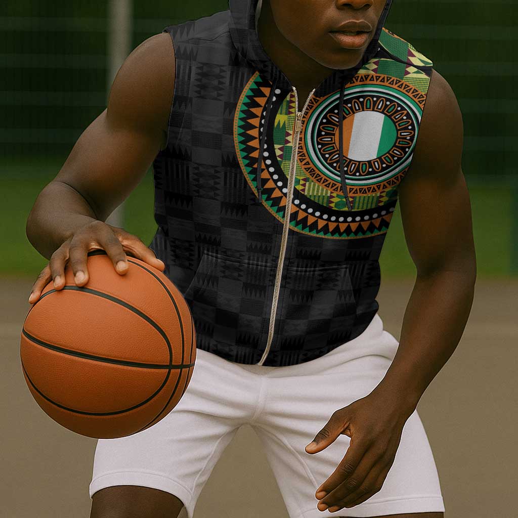 Ivory Coast African Tribal Pattern Sleeveless Zip Hoodie Chest Arm Tattoo - African Pride