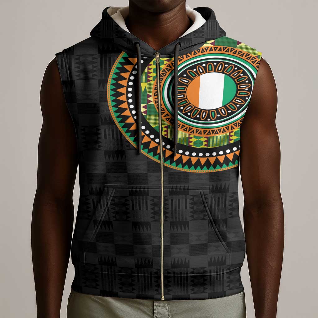 Ivory Coast African Tribal Pattern Sleeveless Zip Hoodie Chest Arm Tattoo - African Pride