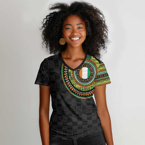 Ivory Coast African Tribal Pattern Women V-Neck T-Shirt Chest Arm Tattoo
