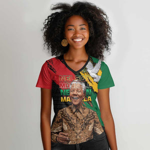 Nelson Mandela Day Women V-Neck T-Shirt Pan African Flag - African Pride