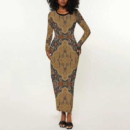 Madiba Nelson Mandela Batik Long Sleeve Bodycon Dress Earthy Brown Indonesia Heritage - African Pride