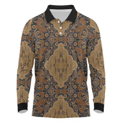 Madiba Nelson Mandela Batik Long Sleeve Polo Shirt Earthy Brown Indonesia Heritage - African Pride