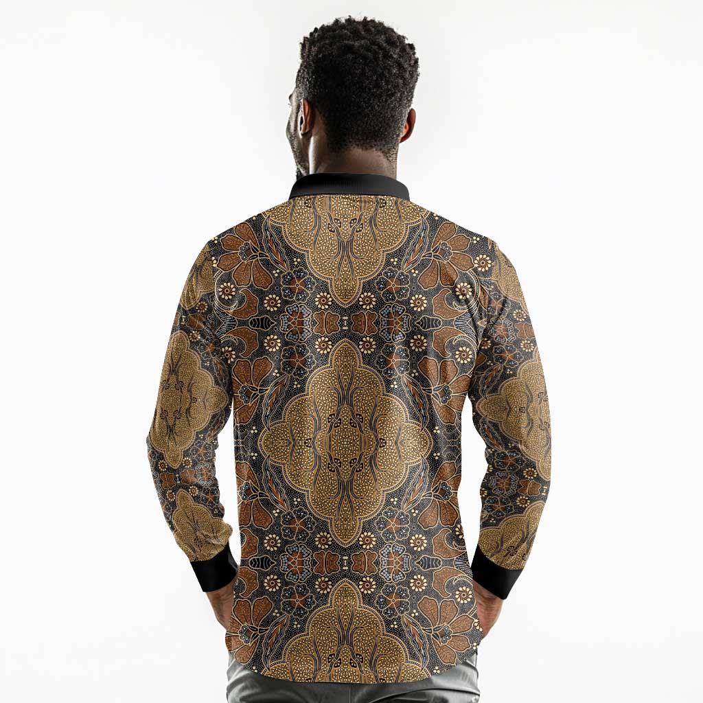Madiba Nelson Mandela Batik Long Sleeve Polo Shirt Earthy Brown Indonesia Heritage - African Pride