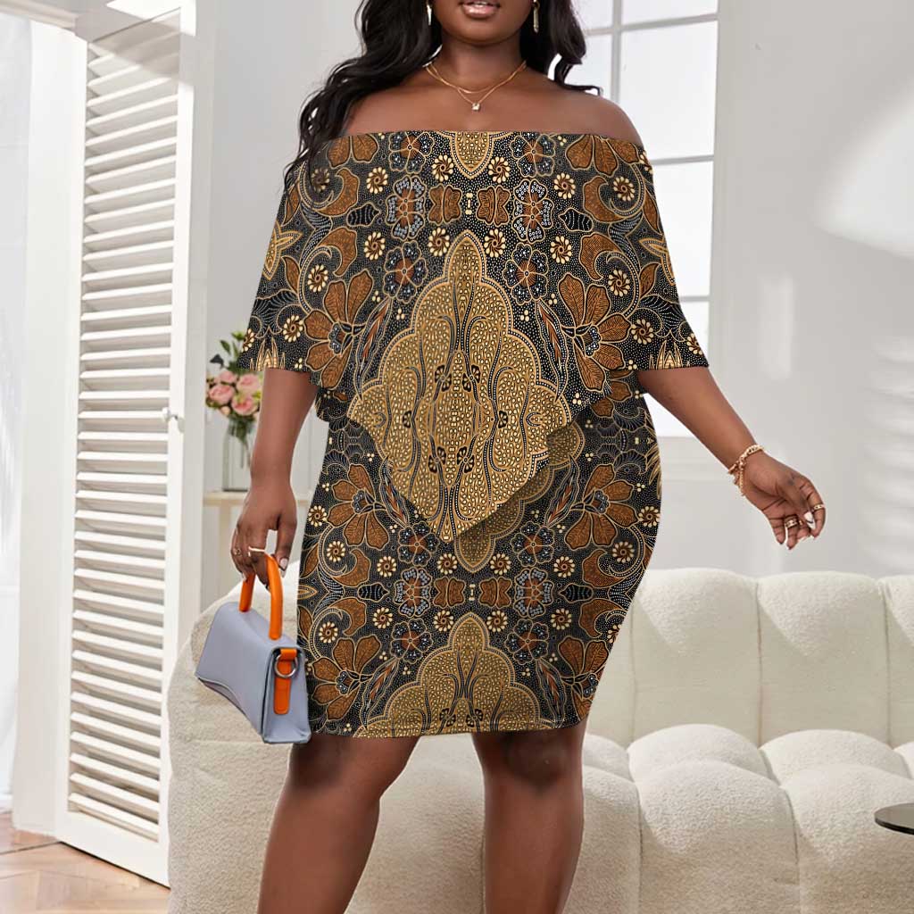 Madiba Nelson Mandela Batik Off Shoulder Short Dress Earthy Brown Indonesia Heritage - African Pride