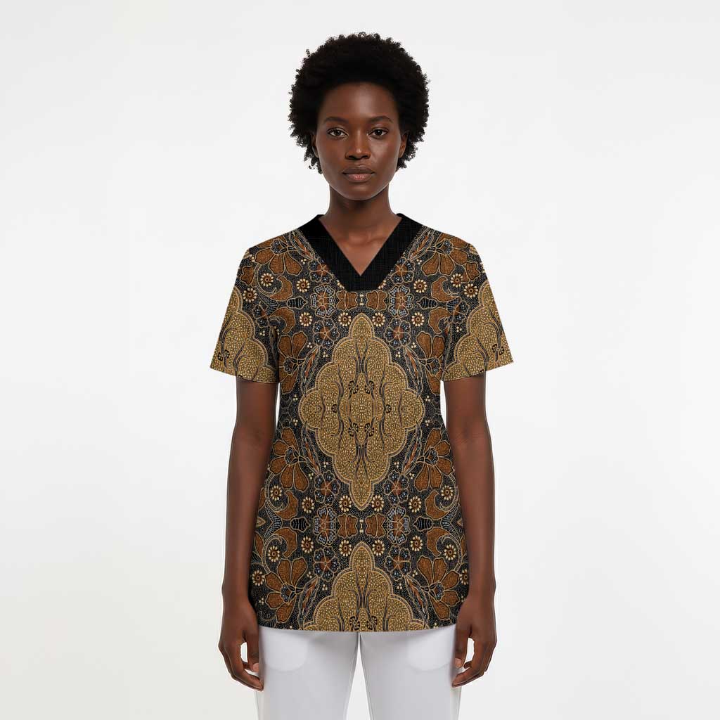 Madiba Nelson Mandela Scrub Top Indonesia Batik Earthy Brown - African Pride