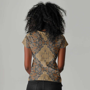 Madiba Nelson Mandela Batik Women V-Neck T-Shirt Earthy Brown Indonesia Heritage - African Pride
