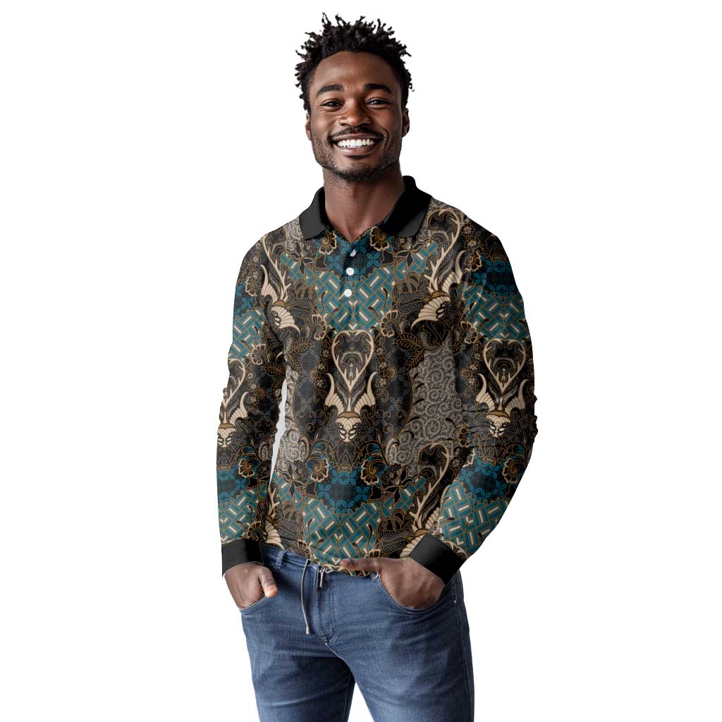 Madiba Nelson Mandela Batik Long Sleeve Polo Shirt Black Indonesia Heritage - African Pride