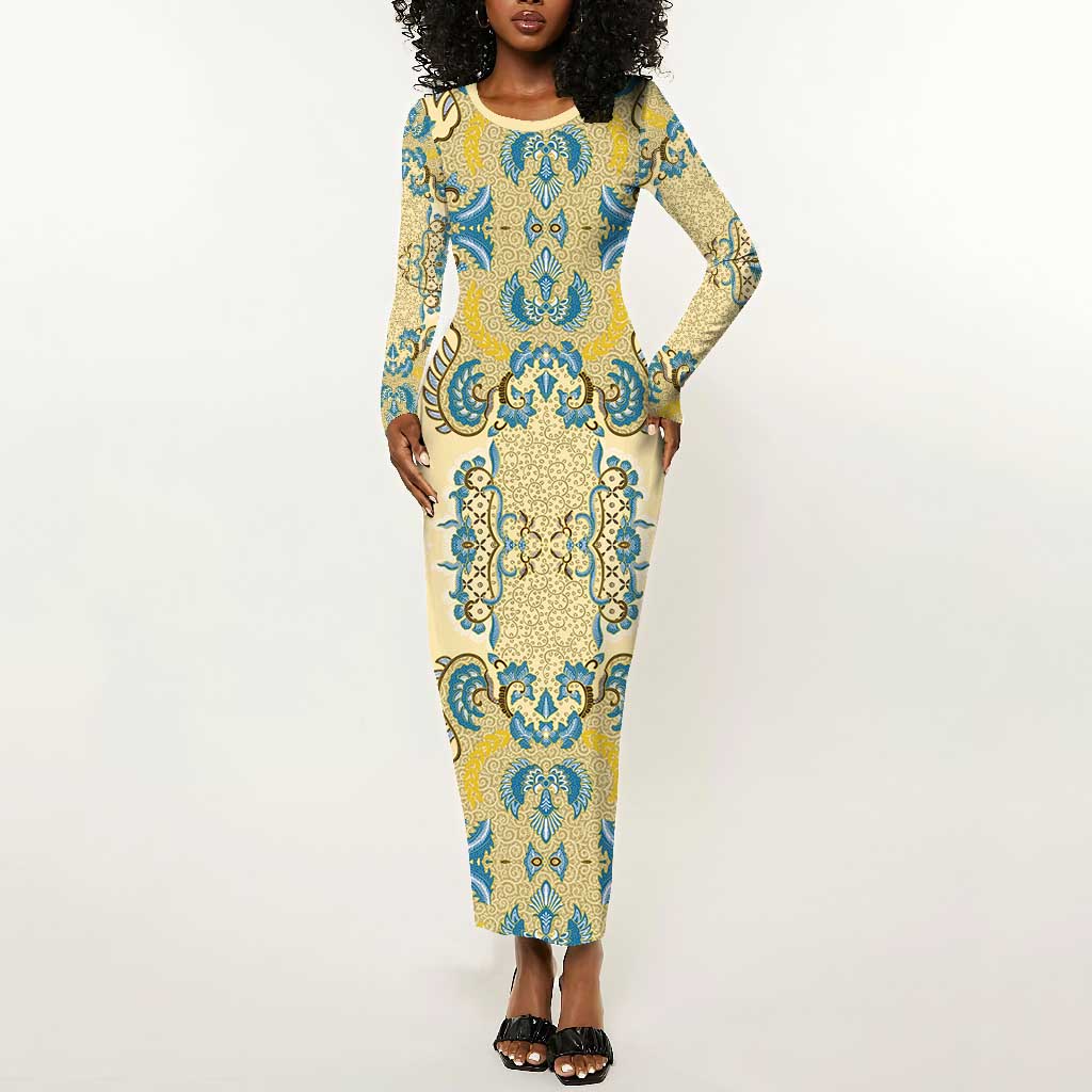 Madiba Nelson Mandela Batik Long Sleeve Bodycon Dress Yellow Blue Indonesia Heritage - African Pride
