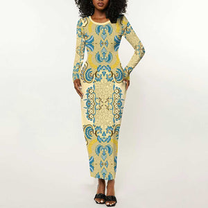 Madiba Nelson Mandela Batik Long Sleeve Bodycon Dress Yellow Blue Indonesia Heritage - African Pride