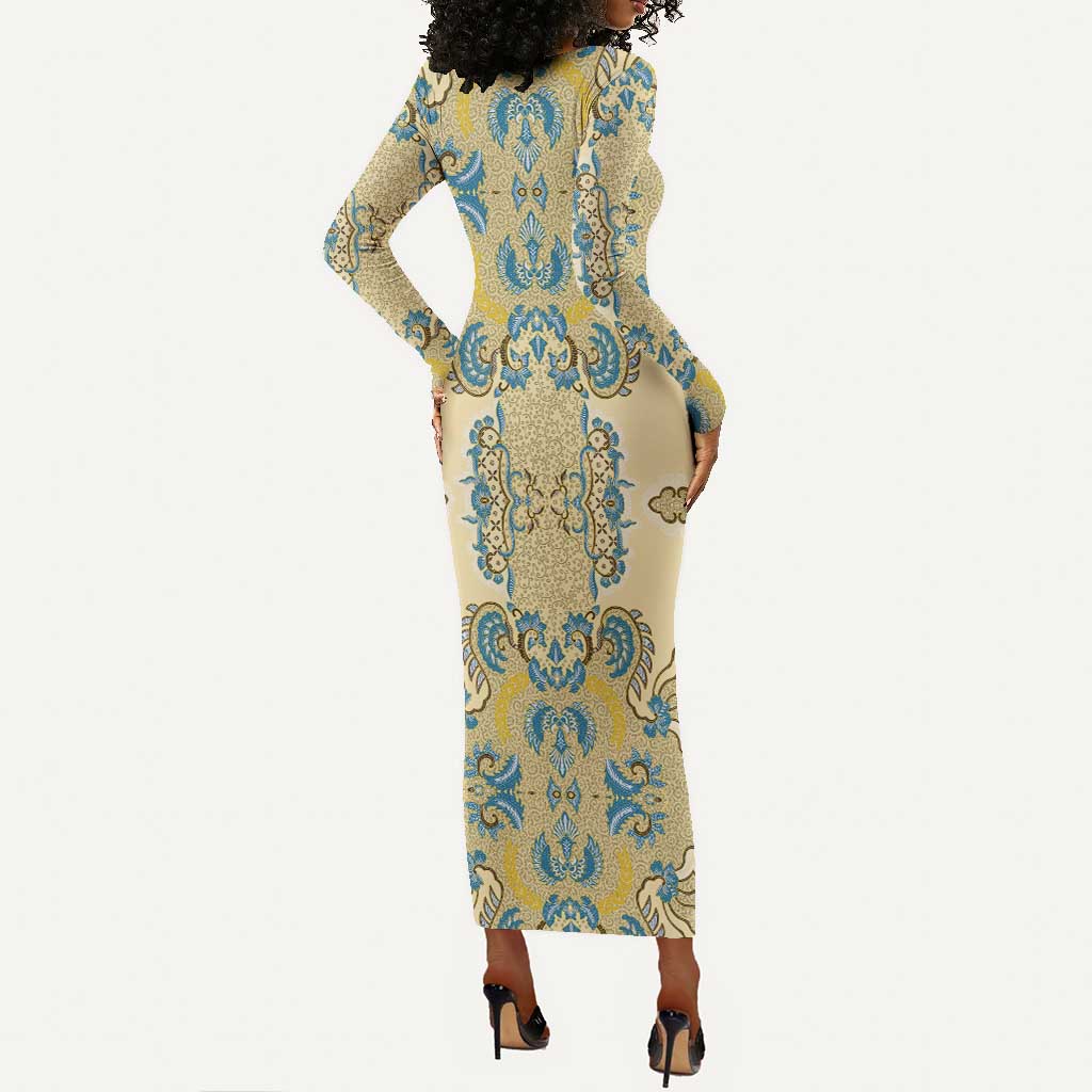 Madiba Nelson Mandela Batik Long Sleeve Bodycon Dress Yellow Blue Indonesia Heritage - African Pride
