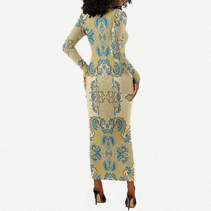 Madiba Nelson Mandela Batik Long Sleeve Bodycon Dress Yellow Blue Indonesia Heritage - African Pride