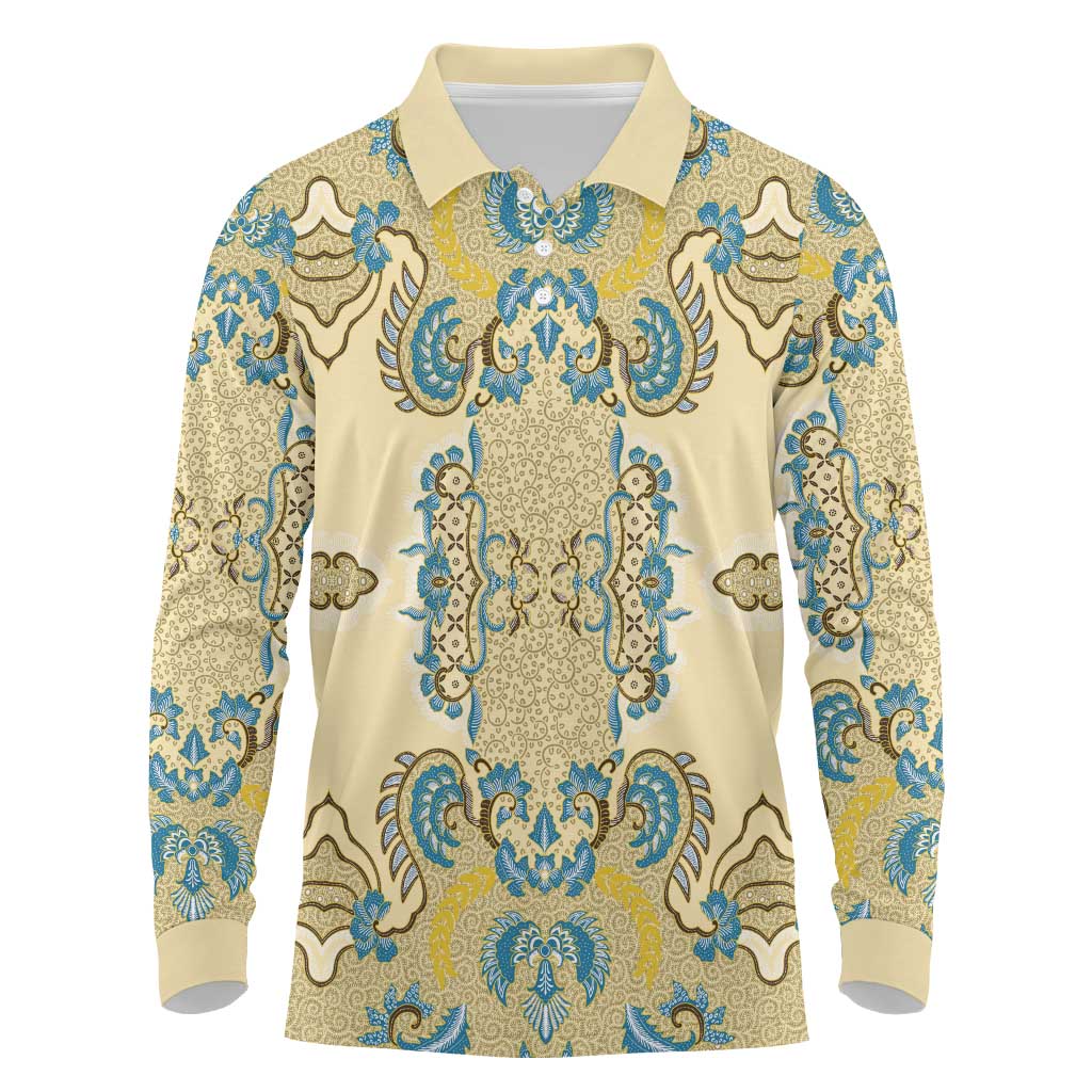 Madiba Nelson Mandela Batik Long Sleeve Polo Shirt Yellow Blue Indonesia Heritage - African Pride