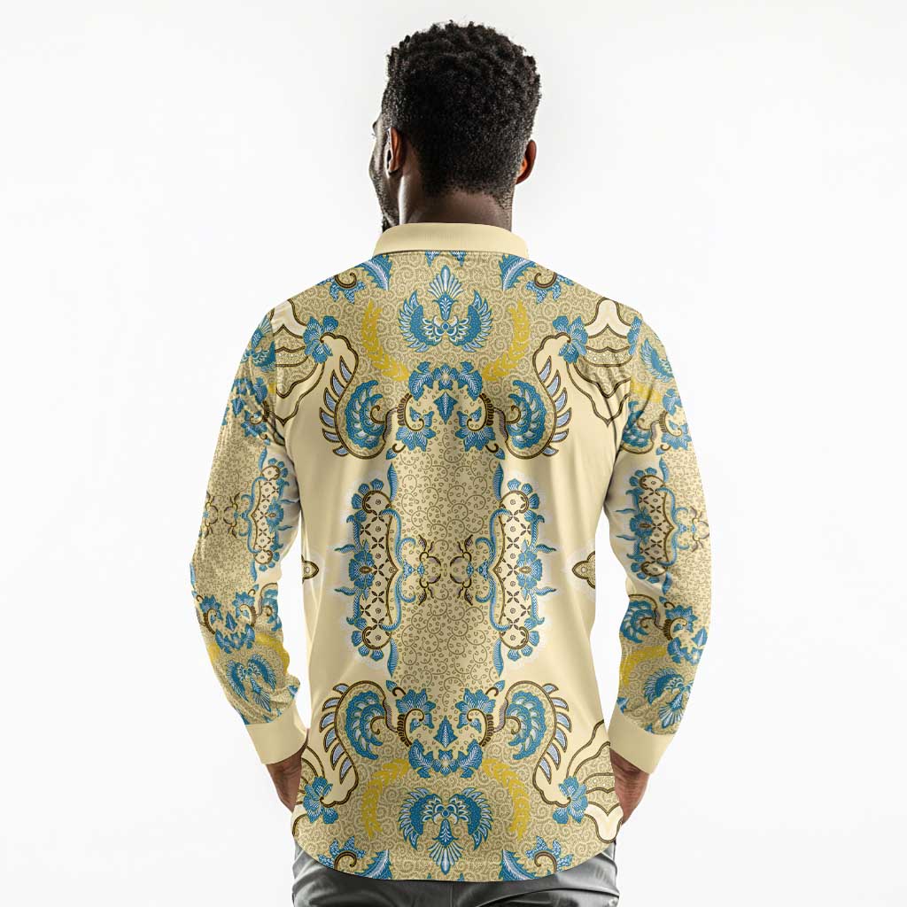 Madiba Nelson Mandela Batik Long Sleeve Polo Shirt Yellow Blue Indonesia Heritage - African Pride