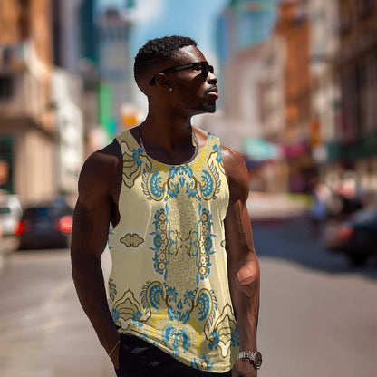 Madiba Nelson Mandela Batik Men Tank Top Yellow Blue Indonesia Heritage - African Pride