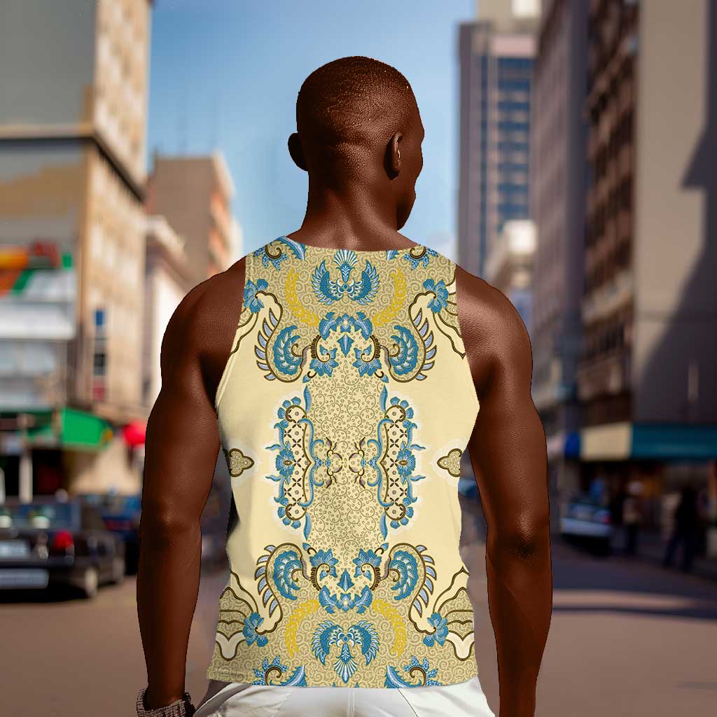 Madiba Nelson Mandela Batik Men Tank Top Yellow Blue Indonesia Heritage - African Pride