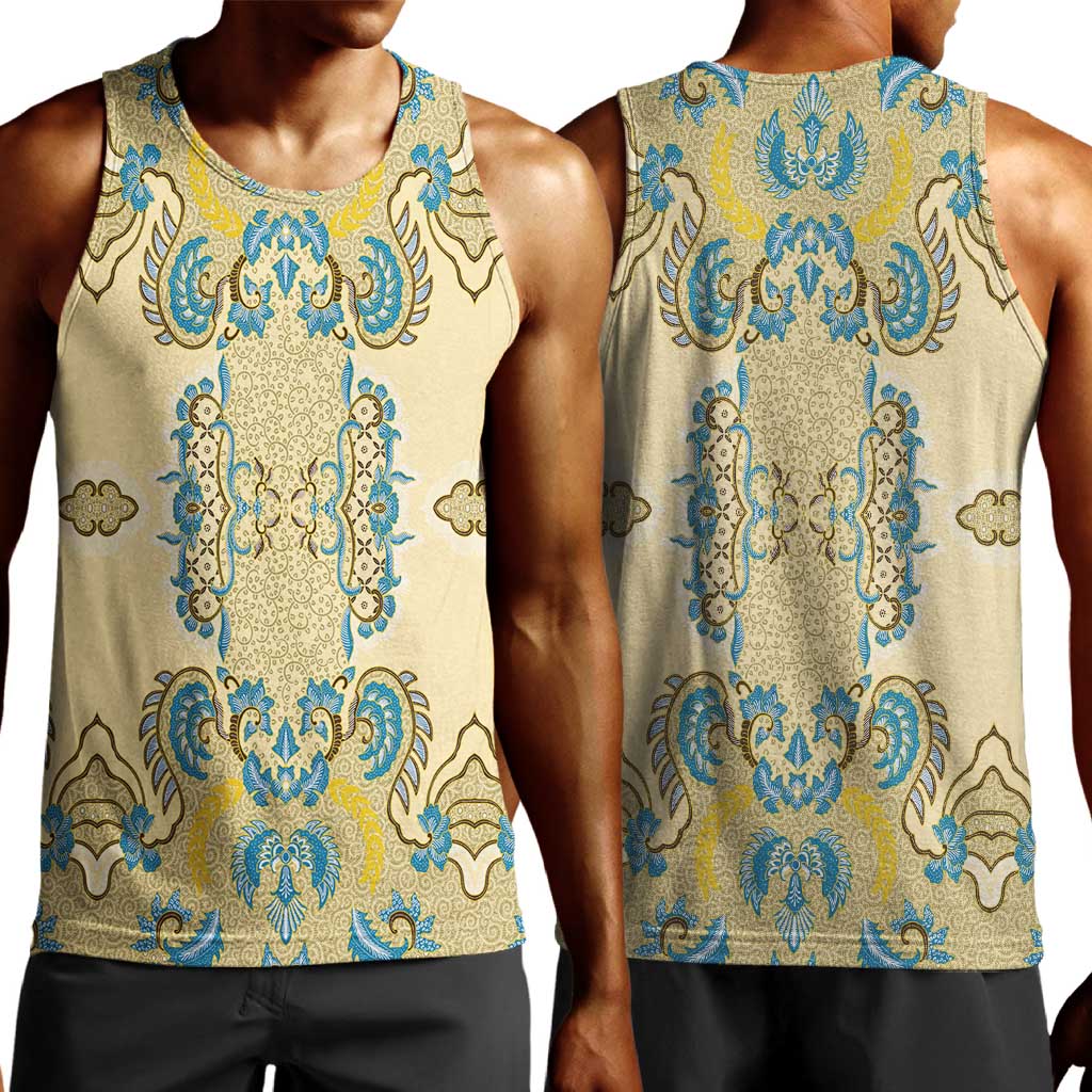 Madiba Nelson Mandela Batik Men Tank Top Yellow Blue Indonesia Heritage - African Pride