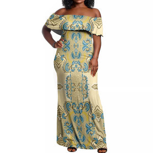 Madiba Nelson Mandela Batik Off Shoulder Maxi Dress Yellow Blue Indonesia Heritage - African Pride