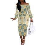 Madiba Nelson Mandela Batik Off The Shoulder Long Sleeve Dress Yellow Blue Indonesia Heritage - African Pride