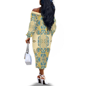 Madiba Nelson Mandela Batik Off The Shoulder Long Sleeve Dress Yellow Blue Indonesia Heritage - African Pride