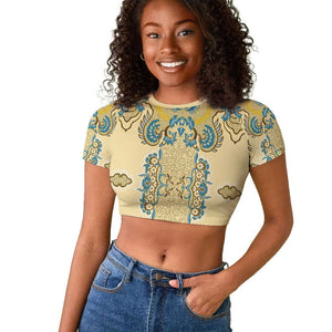 Madiba Nelson Mandela Batik Raglan Cropped T shirt Yellow Blue Indonesia Heritage - African Pride
