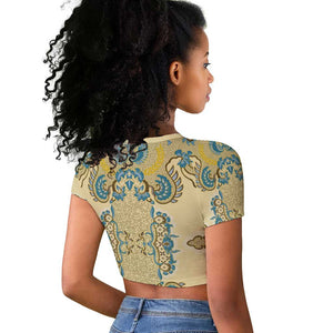 Madiba Nelson Mandela Batik Raglan Cropped T shirt Yellow Blue Indonesia Heritage - African Pride