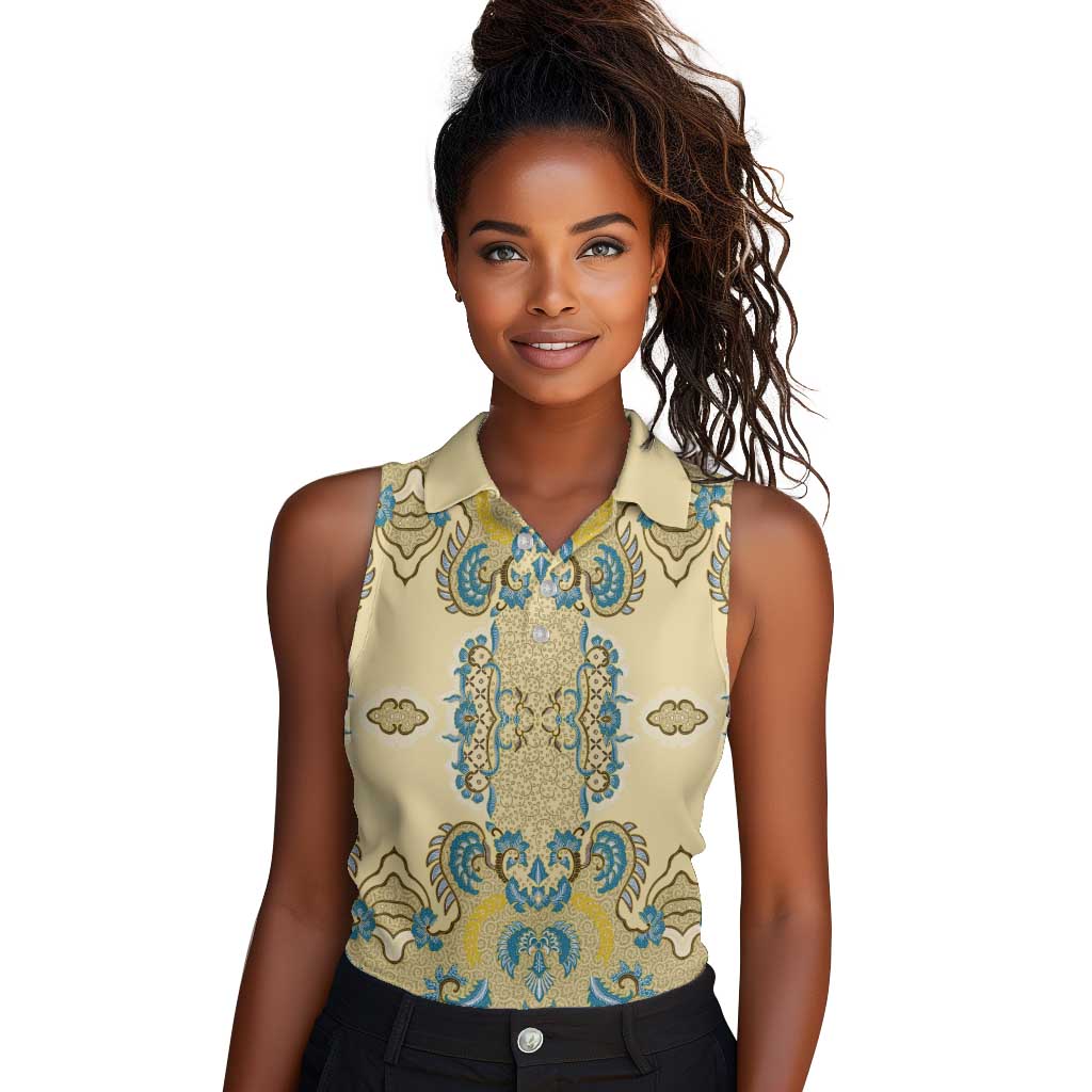 Madiba Nelson Mandela Batik Women Sleeveless Polo Shirt Yellow Blue Indonesia Heritage - African Pride