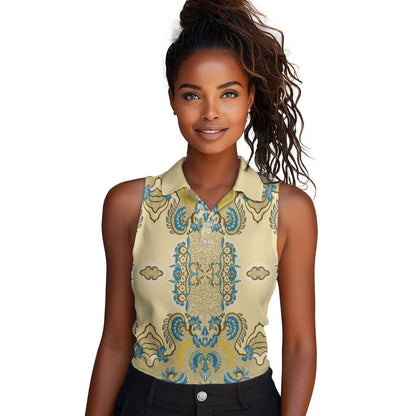 Madiba Nelson Mandela Batik Women Sleeveless Polo Shirt Yellow Blue Indonesia Heritage - African Pride