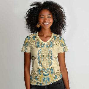 Madiba Nelson Mandela Batik Women V-Neck T-Shirt Yellow Blue Indonesia Heritage - African Pride