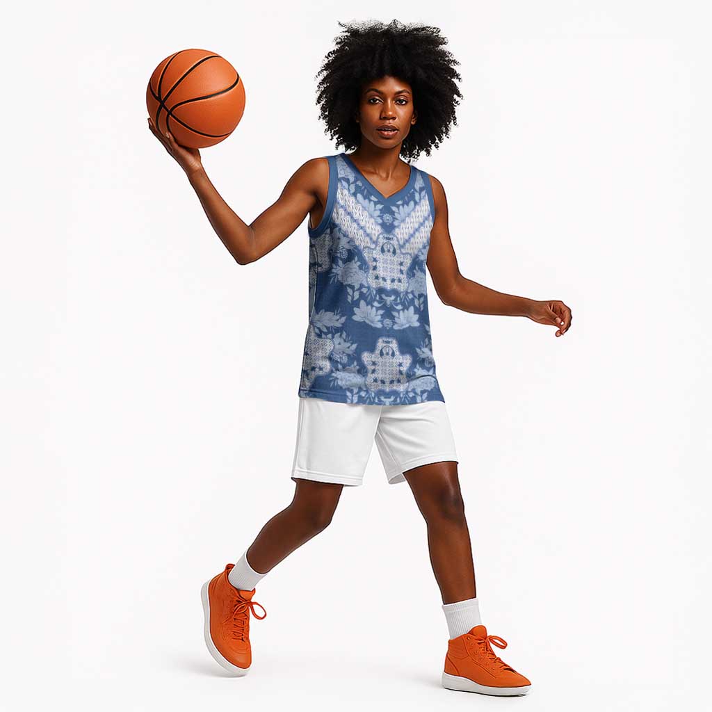 Indonesia Javanese Batik Nelson Mandela Madiba Blue Basketball Jersey - African Pride