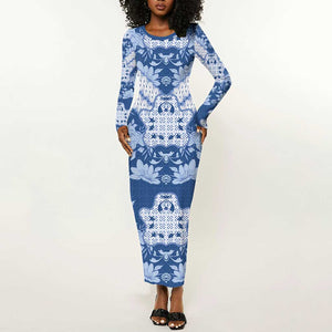 Indonesia Javanese Batik Nelson Mandela Madiba Blue Long Sleeve Bodycon Dress - African Pride
