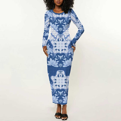Indonesia Javanese Batik Nelson Mandela Madiba Blue Long Sleeve Bodycon Dress - African Pride