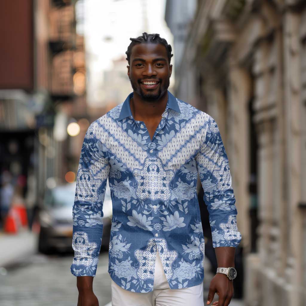 Indonesia Javanese Batik Nelson Mandela Madiba Blue Long Sleeve Button Shirt - African Pride
