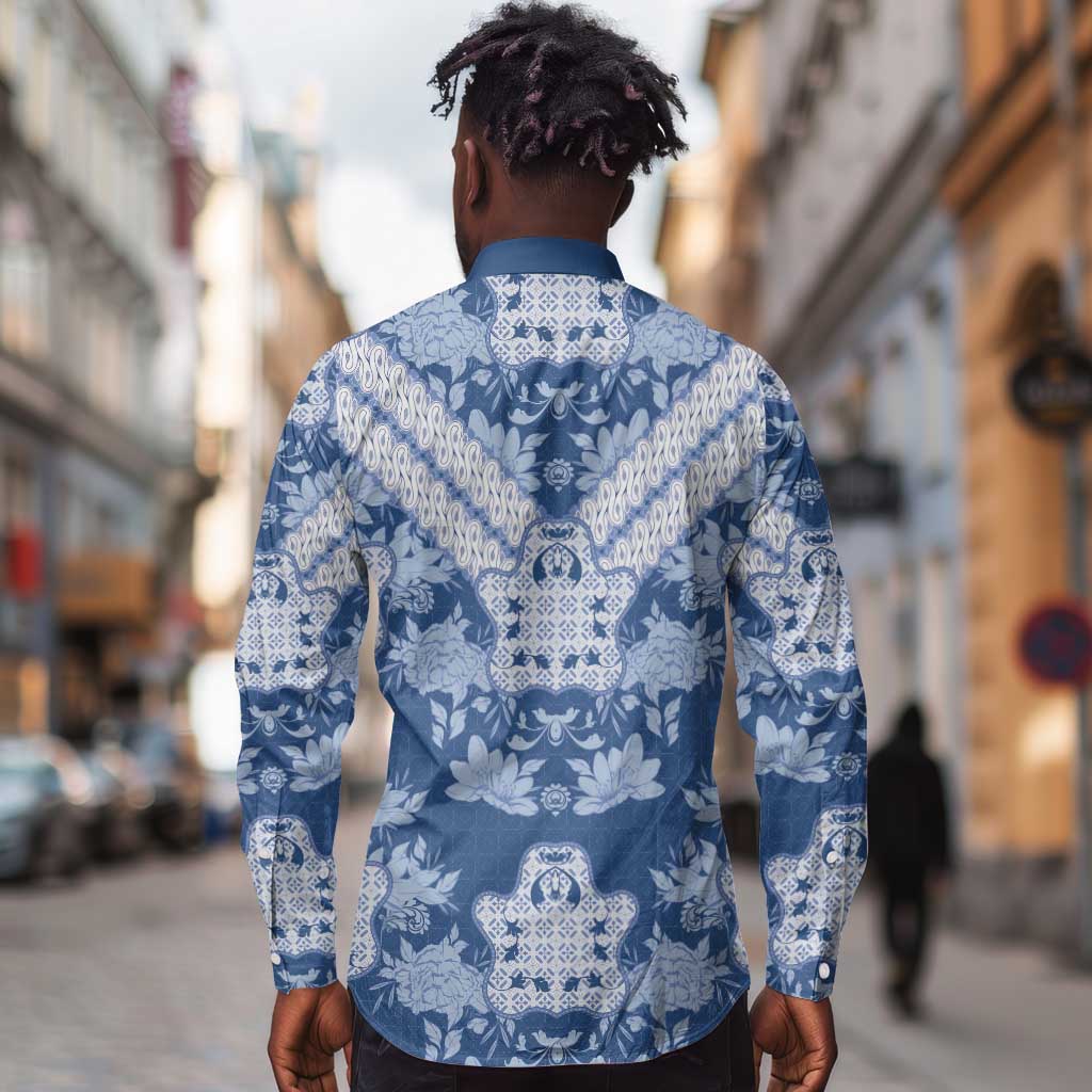 Indonesia Javanese Batik Nelson Mandela Madiba Blue Long Sleeve Button Shirt - African Pride