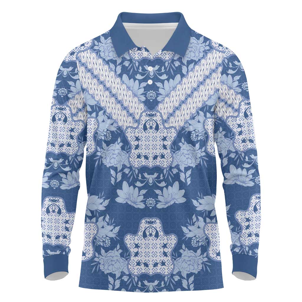 Indonesia Javanese Batik Nelson Mandela Madiba Blue Long Sleeve Polo Shirt - African Pride