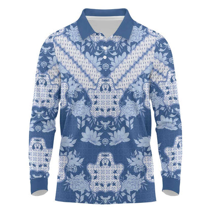 Indonesia Javanese Batik Nelson Mandela Madiba Blue Long Sleeve Polo Shirt - African Pride