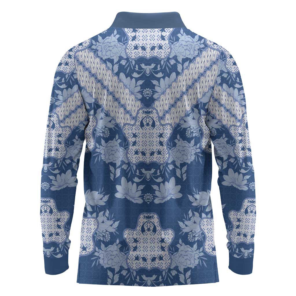 Indonesia Javanese Batik Nelson Mandela Madiba Blue Long Sleeve Polo Shirt - African Pride