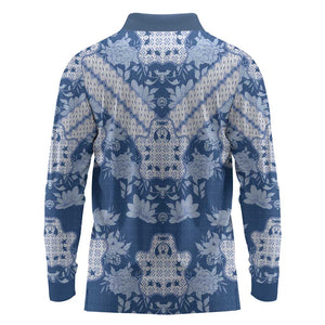 Indonesia Javanese Batik Nelson Mandela Madiba Blue Long Sleeve Polo Shirt - African Pride