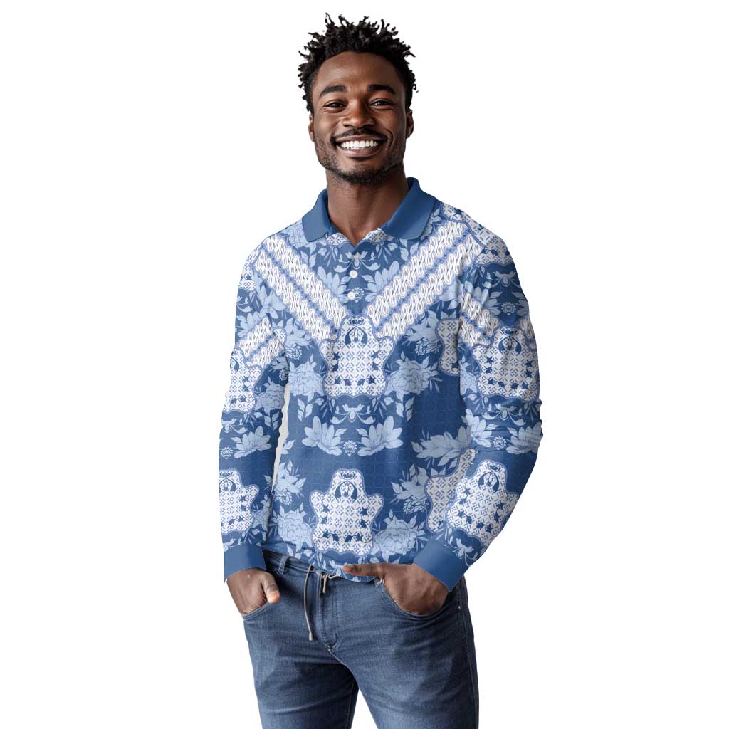 Indonesia Javanese Batik Nelson Mandela Madiba Blue Long Sleeve Polo Shirt - African Pride