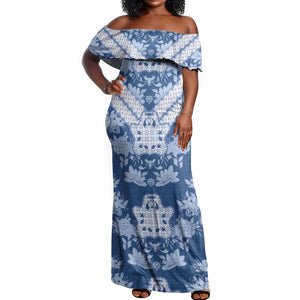 Indonesia Javanese Batik Nelson Mandela Madiba Blue Off Shoulder Maxi Dress - African Pride