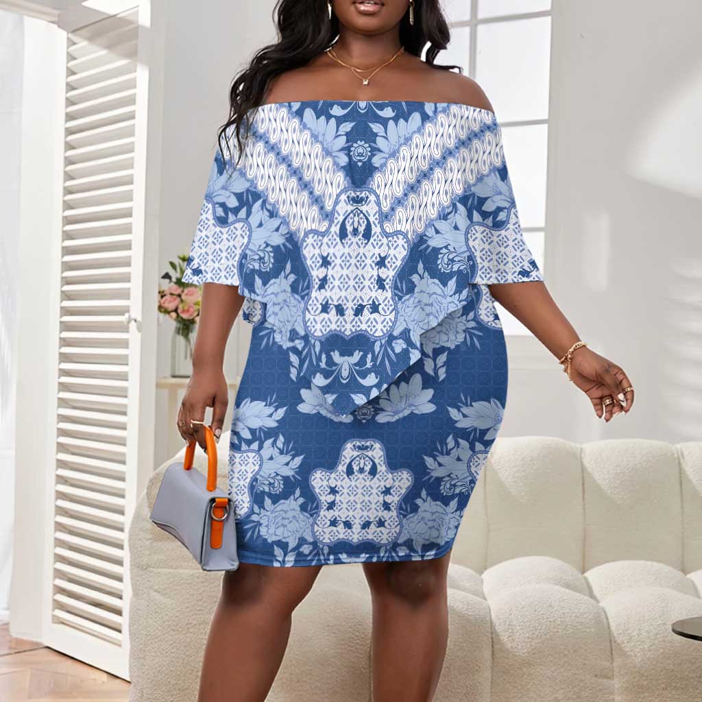Indonesia Javanese Batik Nelson Mandela Madiba Blue Off Shoulder Short Dress - African Pride