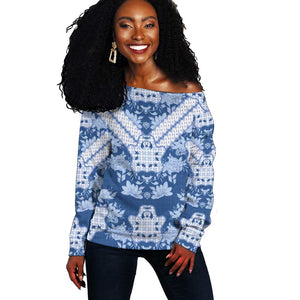 Indonesia Javanese Batik Nelson Mandela Madiba Blue Off Shoulder Sweater - African Pride