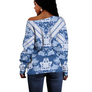 Indonesia Javanese Batik Nelson Mandela Madiba Blue Off Shoulder Sweater - African Pride