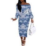 Indonesia Javanese Batik Nelson Mandela Madiba Blue Off The Shoulder Long Sleeve Dress - African Pride