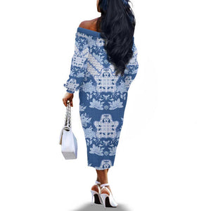Indonesia Javanese Batik Nelson Mandela Madiba Blue Off The Shoulder Long Sleeve Dress - African Pride