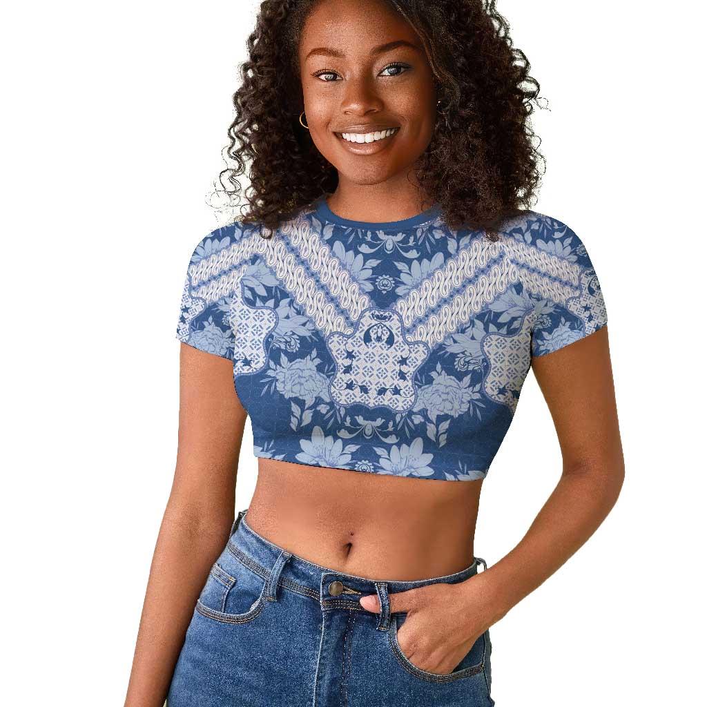 Indonesia Javanese Batik Nelson Mandela Madiba Blue Raglan Cropped T shirt - African Pride