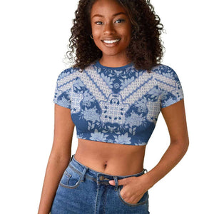 Indonesia Javanese Batik Nelson Mandela Madiba Blue Raglan Cropped T shirt - African Pride