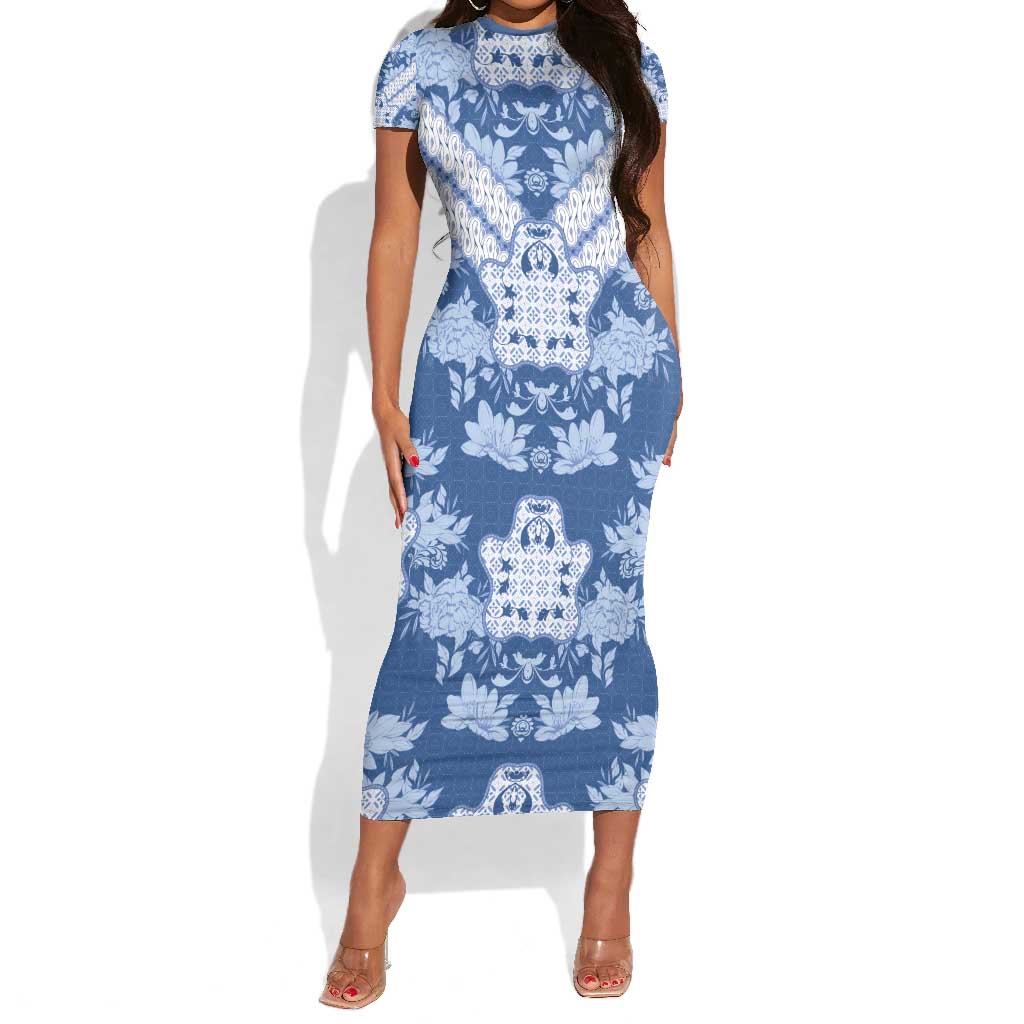 Indonesia Javanese Batik Nelson Mandela Madiba Blue Short Sleeve Bodycon Dress - African Pride