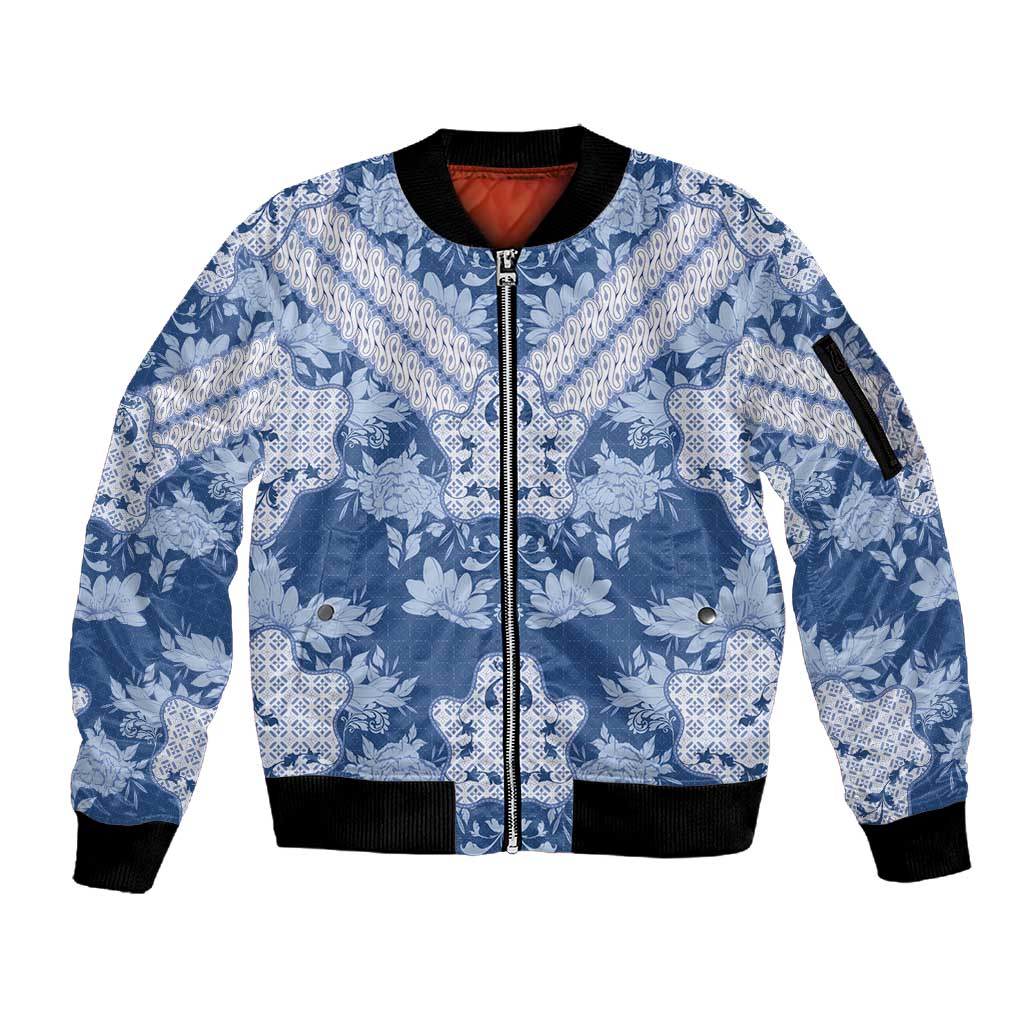 Indonesia Javanese Batik Nelson Mandela Madiba Blue Sleeve Zip Bomber Jacket - African Pride